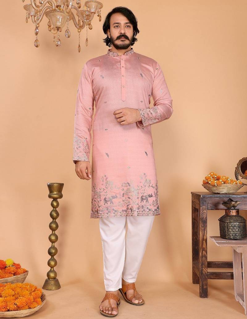 Peach embroidered linen-cotton kurta pyjama set for men | festival wedding ethnic wear