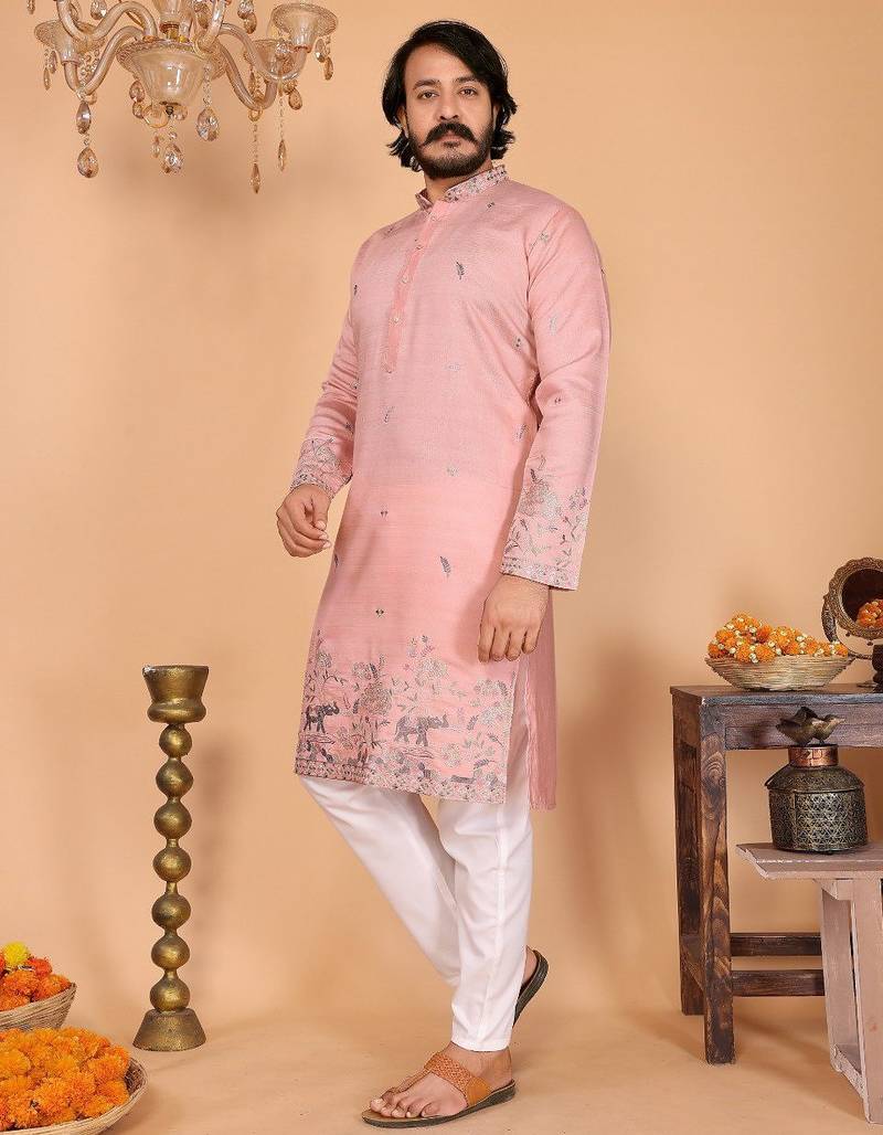 Peach embroidered linen-cotton kurta pyjama set for men | festival wedding ethnic wear