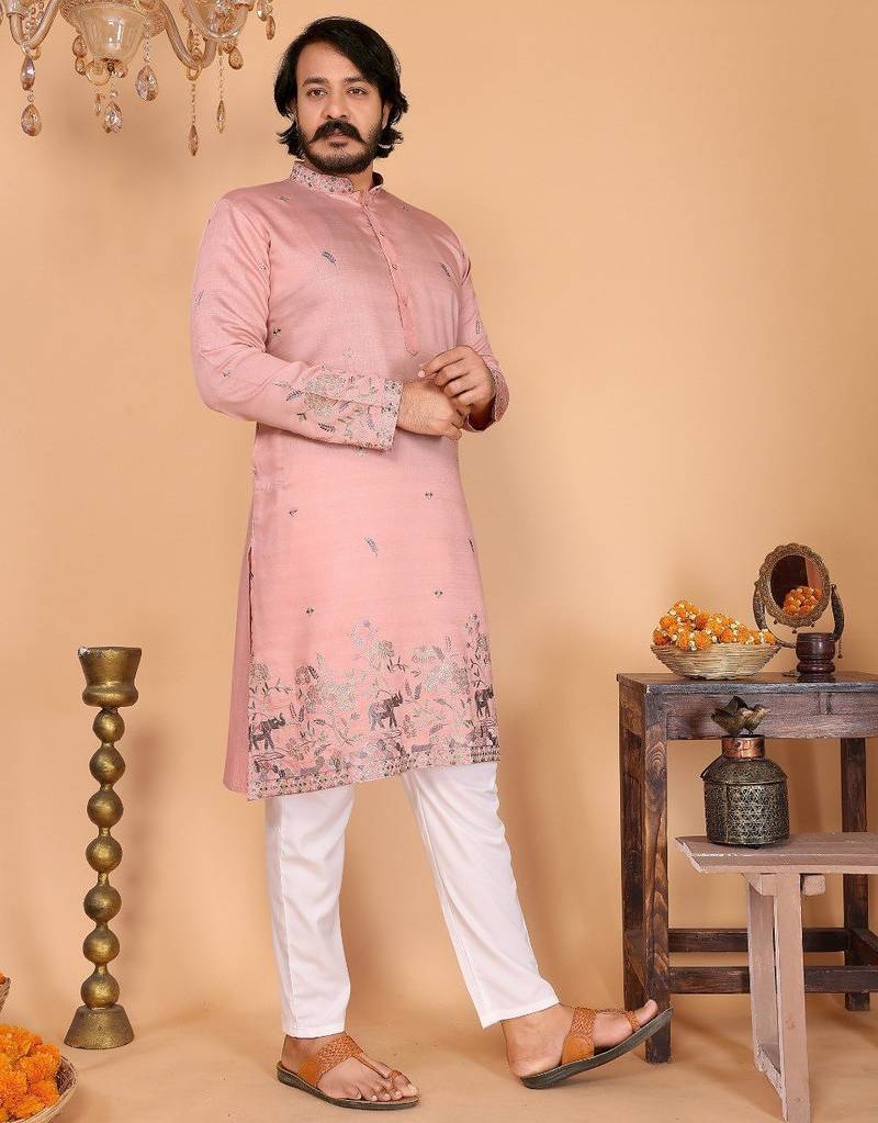 Peach embroidered linen-cotton kurta pyjama set for men | festival wedding ethnic wear
