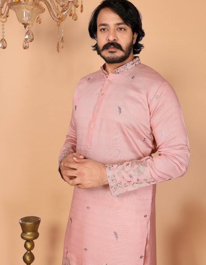 Peach embroidered linen-cotton kurta pyjama set for men | festival wedding ethnic wear