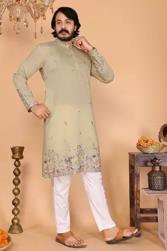 Beige embroidered linen cotton blend straight fit kurta pyjama set for men     festive wear