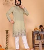Beige embroidered linen cotton blend straight fit kurta pyjama set for men     festive wear