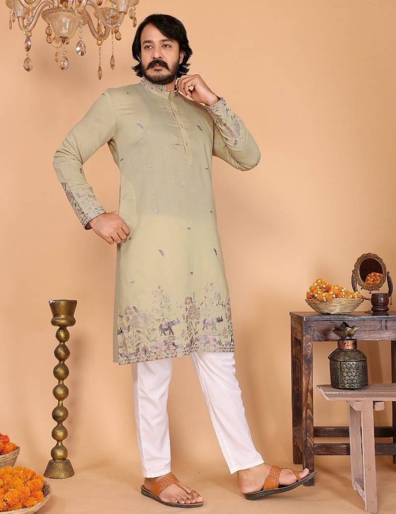 Beige embroidered linen cotton blend straight fit kurta pyjama set for men     festive wear