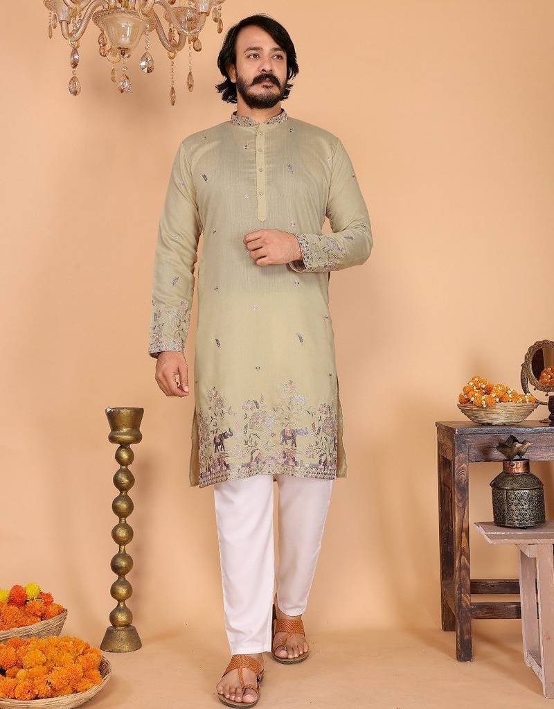 Beige embroidered linen cotton blend straight fit kurta pyjama set for men     festive wear