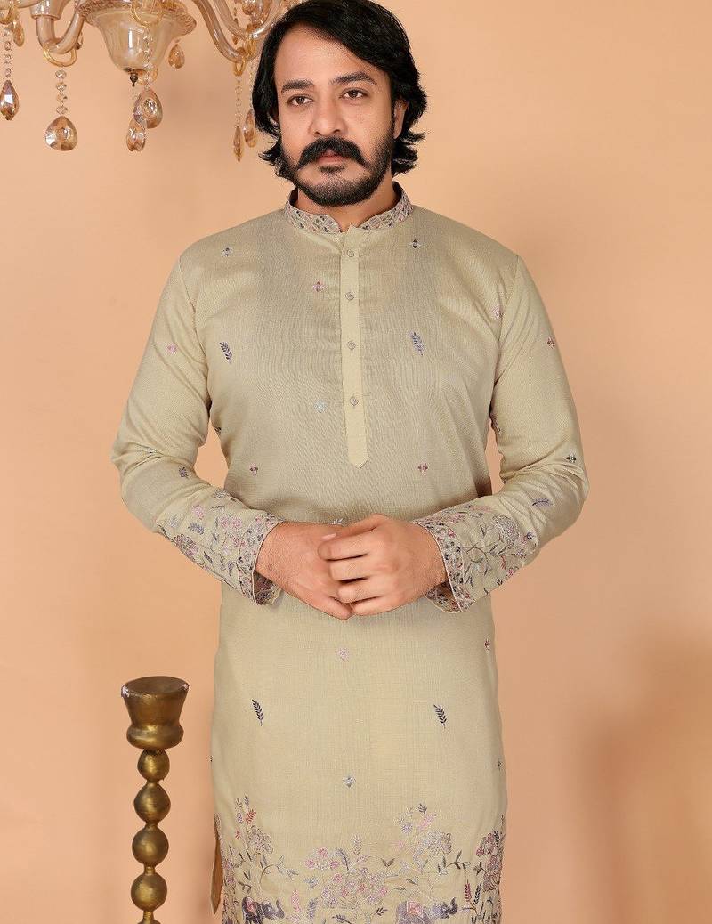 Beige embroidered linen cotton blend straight fit kurta pyjama set for men     festive wear
