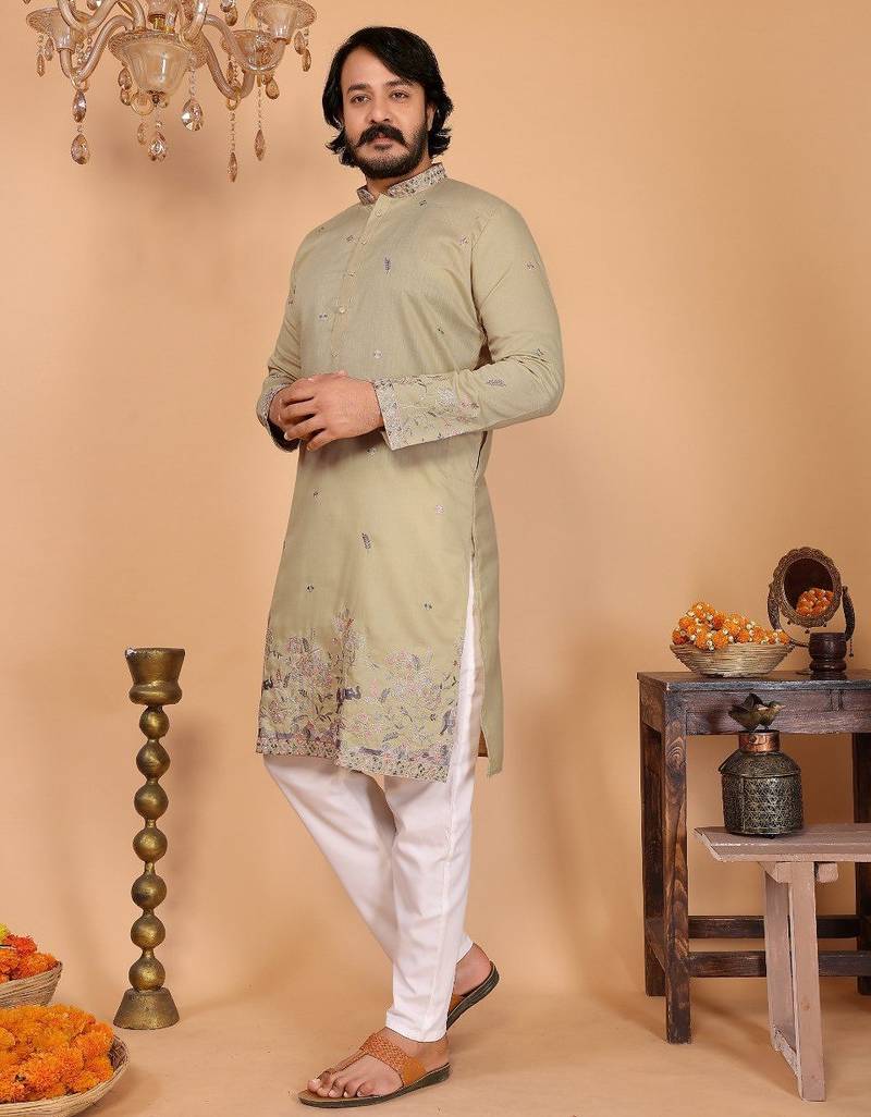 Beige embroidered linen cotton blend straight fit kurta pyjama set for men     festive wear