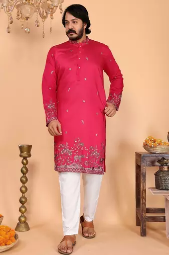 Pink embroidered linen kurta pyjama set for men     designer festival & wedding wear