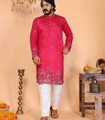 Pink embroidered linen kurta pyjama set for men     designer festival & wedding wear