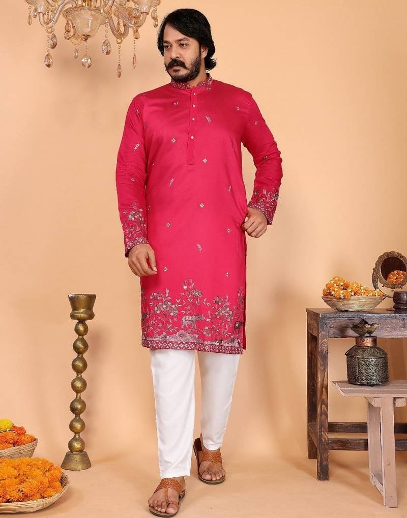 Pink embroidered linen kurta pyjama set for men     designer festival & wedding wear