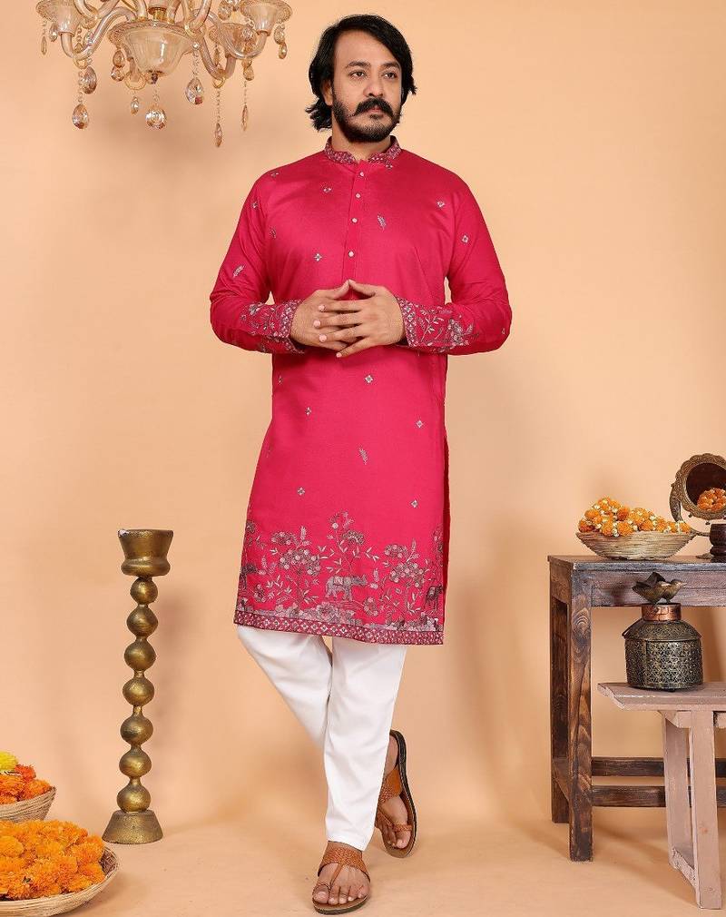 Pink embroidered linen kurta pyjama set for men     designer festival & wedding wear