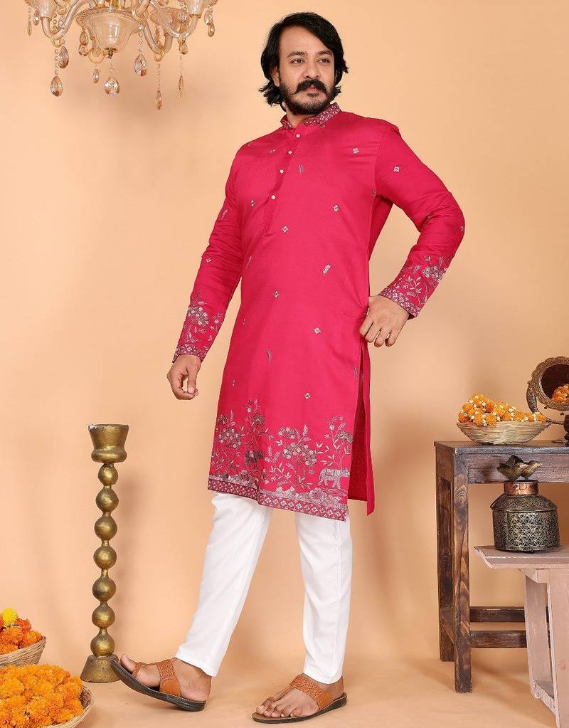 Pink embroidered linen kurta pyjama set for men     designer festival & wedding wear