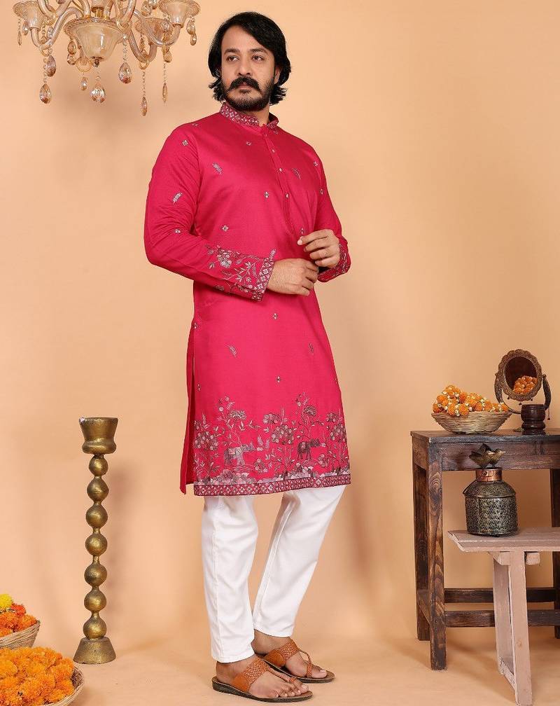 Pink embroidered linen kurta pyjama set for men     designer festival & wedding wear