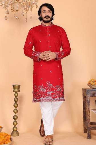 Red embroidered blended cotton band collar men's kurta pyjama set for wedding & festive wear