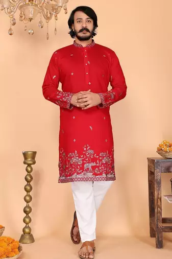 Red embroidered blended cotton band collar men's kurta pyjama set for wedding & festive wear