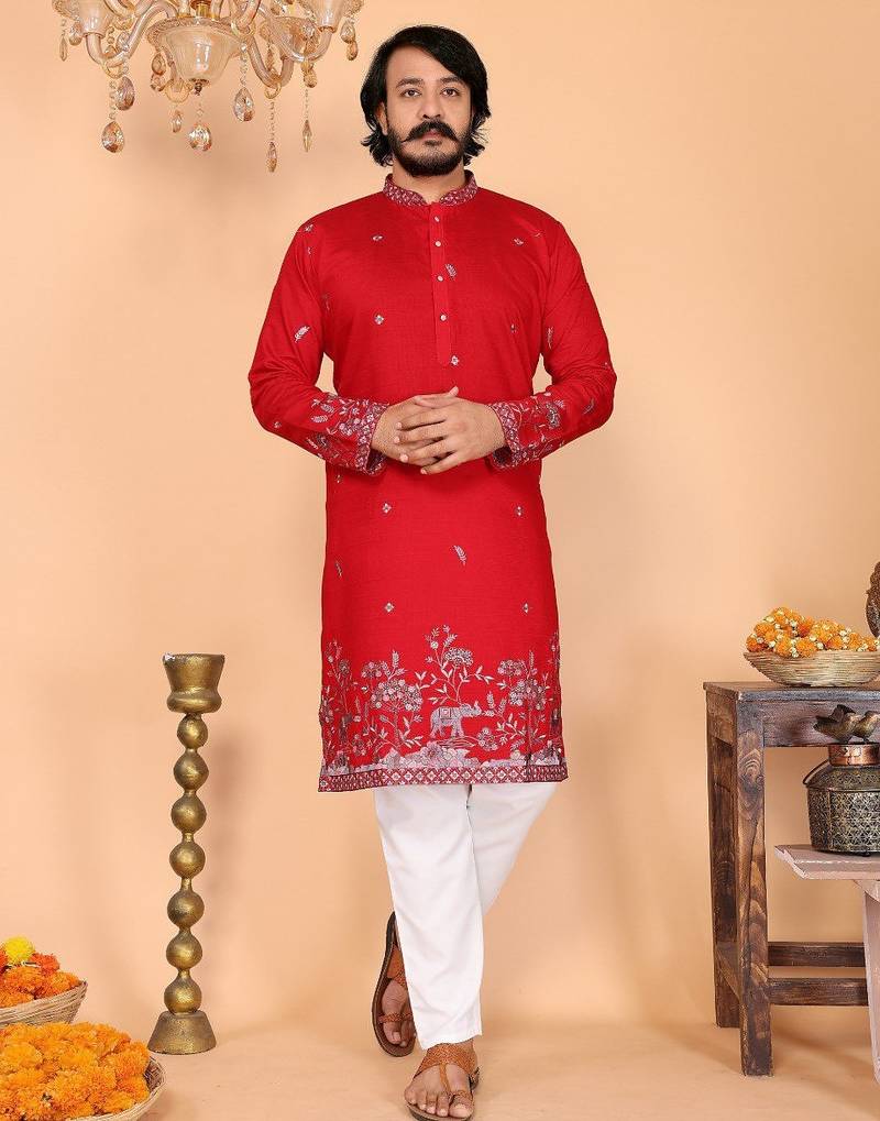 Red embroidered blended cotton band collar men's kurta pyjama set for wedding & festive wear