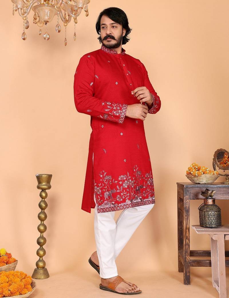 Red embroidered blended cotton band collar men's kurta pyjama set for wedding & festive wear