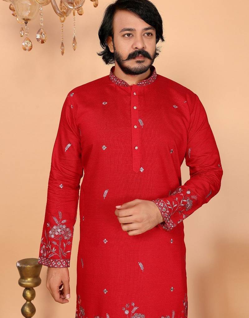Red embroidered blended cotton band collar men's kurta pyjama set for wedding & festive wear