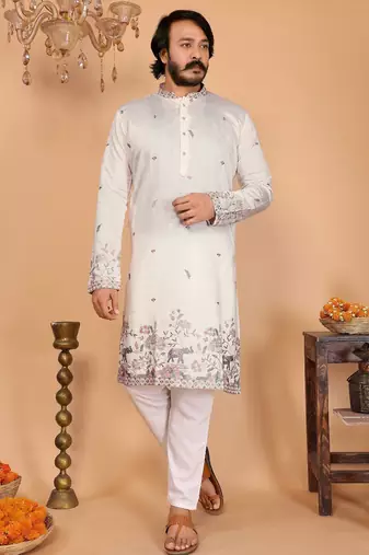 White printed linen blend band collar kurta pajama set for men | festive & wedding wear
