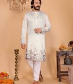 White printed linen blend band collar kurta pajama set for men | festive & wedding wear