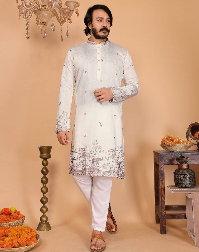 White printed linen blend band collar kurta pajama set for men | festive & wedding wear
