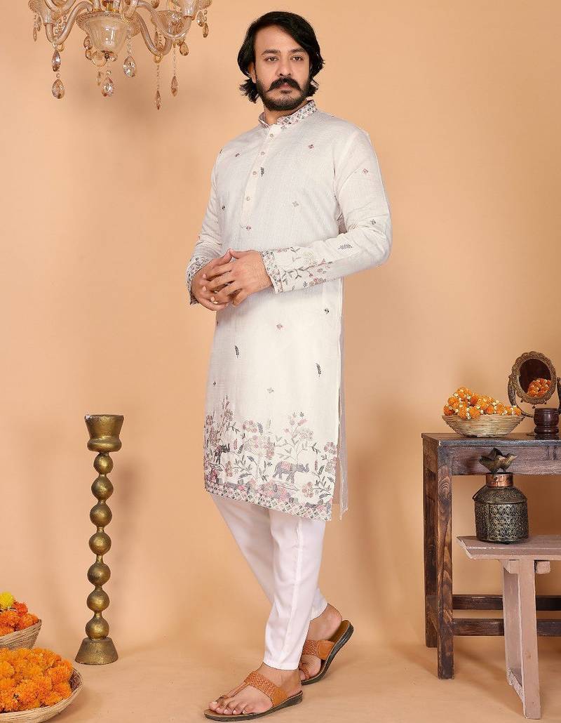 White printed linen blend band collar kurta pajama set for men | festive & wedding wear