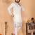 White printed linen blend band collar kurta pajama set for men | festive & wedding wear