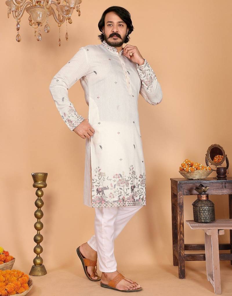 White printed linen blend band collar kurta pajama set for men | festive & wedding wear
