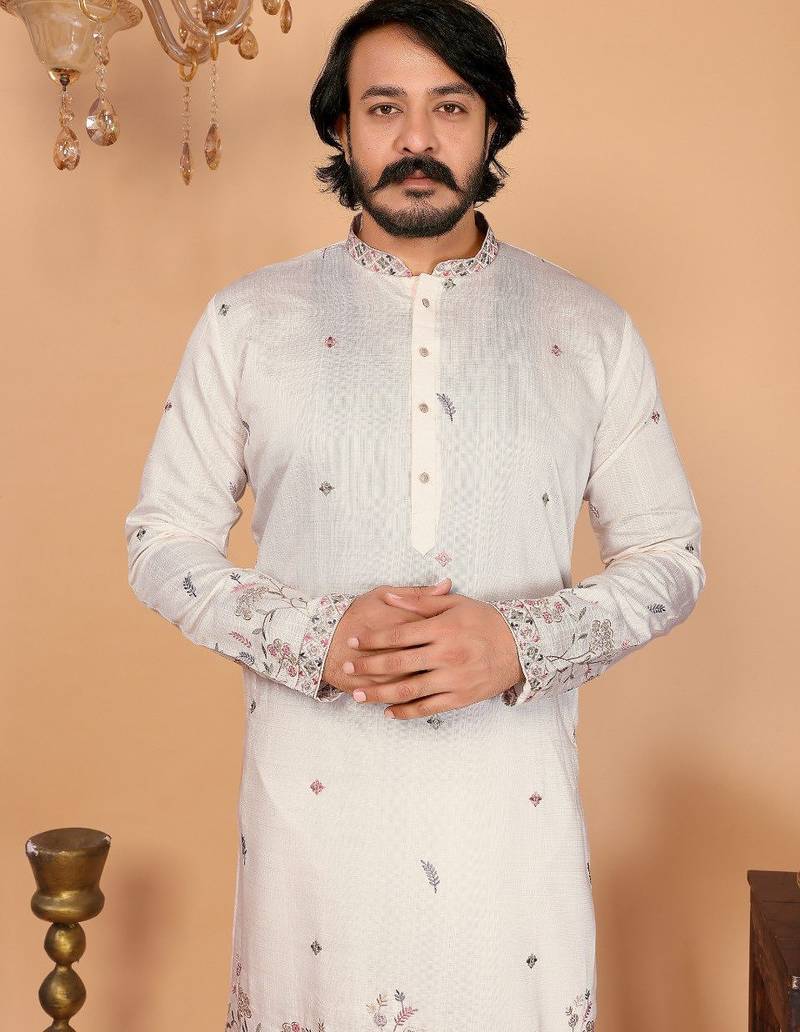White printed linen blend band collar kurta pajama set for men | festive & wedding wear