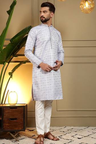 Lilac geometric jacquard kurta with band collar & cotton blend pajama