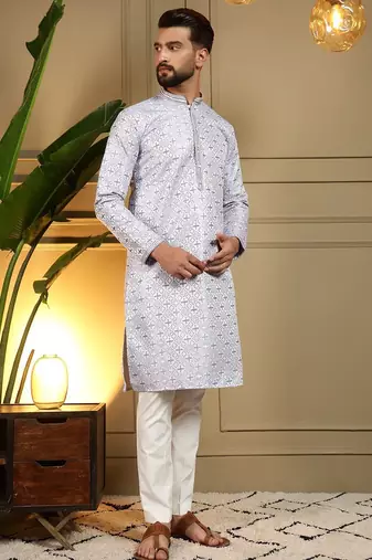 Lilac geometric jacquard kurta with band collar & cotton blend pajama