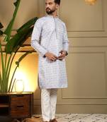 Lilac geometric jacquard kurta with band collar & cotton blend pajama