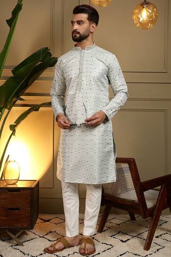 Grey woven jacquard geometric work band collar men's kurta pyjama set