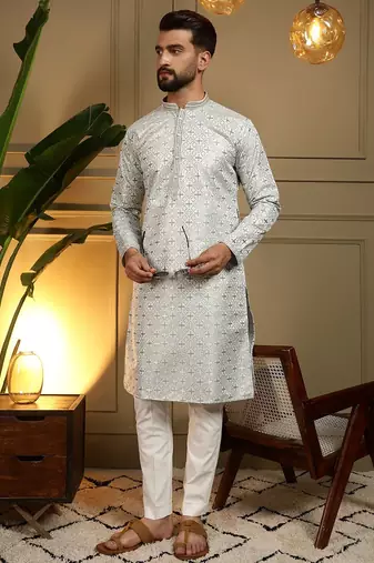 Grey woven jacquard geometric work band collar men's kurta pyjama set