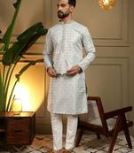 Grey woven jacquard geometric work band collar men's kurta pyjama set