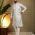 Grey woven jacquard geometric work band collar men's kurta pyjama set