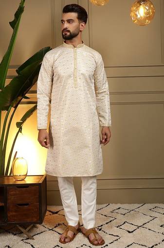 Beige jacquard zari-woven band collar designer kurta pyjama set for men