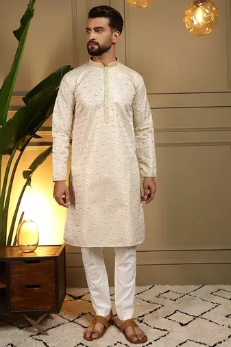 Beige jacquard zari-woven band collar designer kurta pyjama set for men