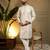Beige jacquard zari-woven band collar designer kurta pyjama set for men