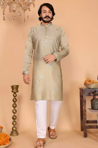 Beige sequins embroidered viscose silk band collar men’s designer kurta pyjama set