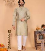 Beige sequins embroidered viscose silk band collar men’s designer kurta pyjama set