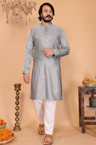 Grey viscose silk embroidered kurta pyjama set for men | band collar full sleeve wedding wear