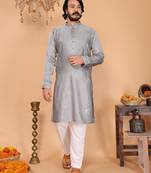 Grey viscose silk embroidered kurta pyjama set for men | band collar full sleeve wedding wear
