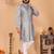 Grey viscose silk embroidered kurta pyjama set for men | band collar full sleeve wedding wear
