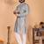Grey viscose silk embroidered kurta pyjama set for men | band collar full sleeve wedding wear
