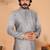 Grey viscose silk embroidered kurta pyjama set for men | band collar full sleeve wedding wear