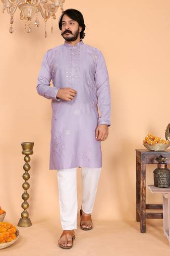 Purple viscose silk embroidered sequins work band collar kurta pyjama set for men