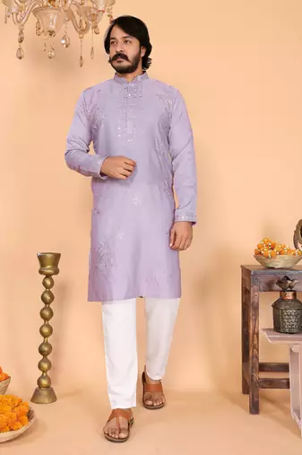 Purple viscose silk embroidered sequins work band collar kurta pyjama set for men