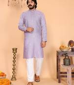 Purple viscose silk embroidered sequins work band collar kurta pyjama set for men
