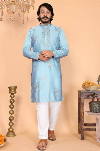 Sky blue viscose silk embroidered kurta pyjama set for men | band collar festive wear
