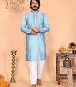 Sky blue viscose silk embroidered kurta pyjama set for men | band collar festive wear